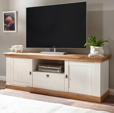 Produktbild von TV-Lowboard "Hemsby" in weiß Pinie und Eiche Wotan Landhaus Komforthöhe 183 x 64 cm