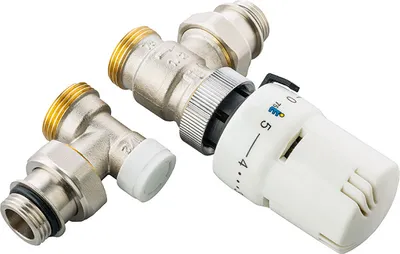 A set of plumbing valves and a thermostat head, presented on a white background.