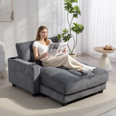 Zdjęcie produktu dla Sofa rozkładane z podnóżkiem na napoje i poduszką lędźwiową, obita tkaniną, wymiary: 147x114x86 cm, kolor: ciemnoszary