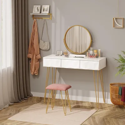 Produktbild von Schminktisch – Schminktisch mit Spiegel und Stuhl – 360° drehbarer Spiegel – Samt-Hocker