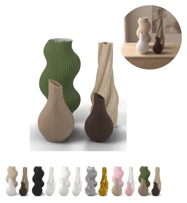 Image de Lot de 4 vases décoratifs en PLA, striés, jusqu'à 18,4 cm, 6 mélanges de coloris – Vert olive