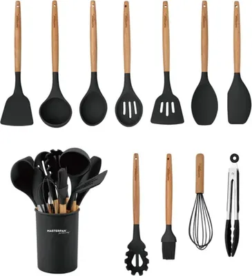 Produktbild von Masterpan 12-teiliges Silikon-Küchenutensilien-Set mit Ständer, hochtemperaturbeständig, Silikonspatel MP6104