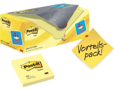 Produktbild von 3M 654Y-20 Klebezettel Quadratisch Gelb 100 Blätter Selbstklebend