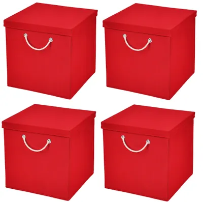 Produktbild von 4 Stück Rot Faltbox 30 x 30 x 30 cm Aufbewahrungsbox faltbar mit Kordel und mit Deckel