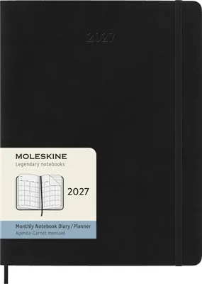 Image de Agenda mensuel Moleskine 12 mois 2027, format XL, 1 mois = 2 pages, pages lignées, couverture souple, noir