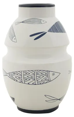 Obrázek produktu pro Bílá keramická váza s motivem modrých ryb, 15 × 24 cm