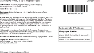 Produktbild von Vitamine D3 1000 IU & K2 45 mcg 120 Gemüsekapseln Now Foods