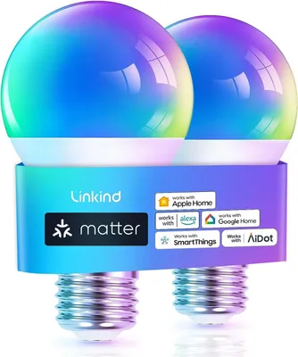 Immagine prodotto di Linkind Matter Smart RGBTW Lampadina, E27 Lampada Alexa, 45 scene e sincronizzazione musicale, 16 milioni di colori, Matter tramite WiFi 2,4 GHz, lampadina LED A60 compatibile con Apple Home/Siri/SmartThings/Google Home, 2 pezzi