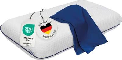 A white pillow with a blue cover and tags.