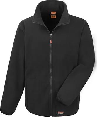 A black fleece jacket is shown against a white background.