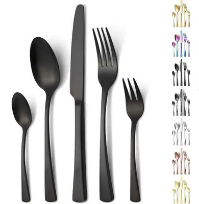 Immagine prodotto di Set di posate color argento per 6 persone, in ottone inossidabile a specchio, 30 pezzi, forchette, coltelli, cucchiai, lavabili in lavastoviglie, elegante finitura nera opaca