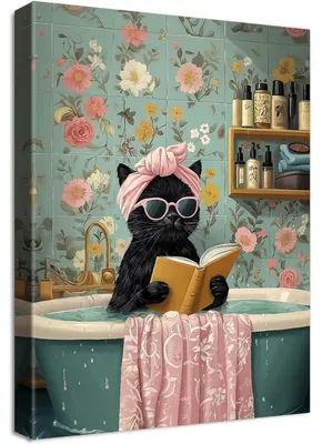 Productafbeelding van Canvas schilderij van een kat tijdens het baden, ingelijst, 30x40 cm. Wanddecoratie, kunstafdruk, geschikt voor een kinderkamer