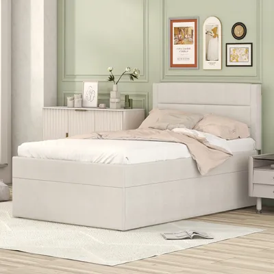A bedroom scene with a bed, dresser, and wall art.