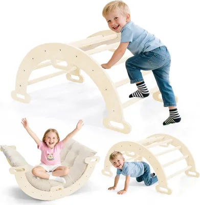 Produktbild von Baby Kletterbogen Set - 2-in-1 Klettergerüst und Wippe - Holz - Mit Kissen - Weiß