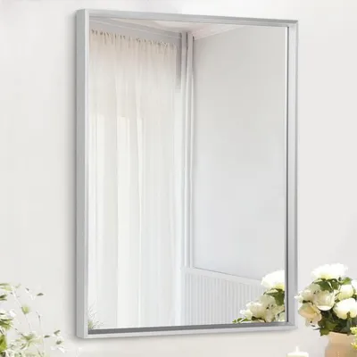 Zdjęcie produktu dla Lustro ścienne, prostokątne, metalowa rama, 70x50 cm, srebrne, nowoczesne, do łazienki lub sypialni