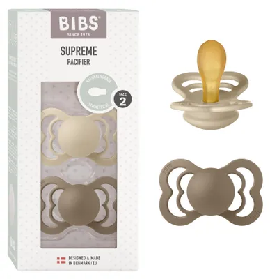 Produktbild von BIBS Supreme Schnuller, 6-18 Monate, 2er-Pack, symmetrisch,Vanilla /Dark Oak