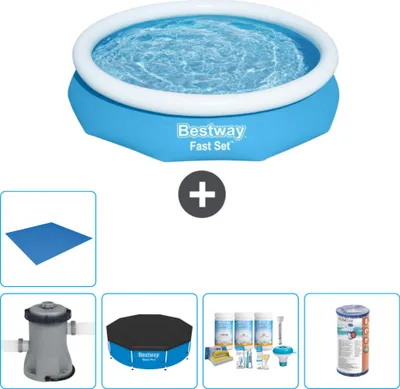 Produktbild von Bestway runder aufblasbarer Fast-Set-Schwimmpool – 305 x 66 cm – Blau – inklusive Pumpe Abdeckung - Wartungspaket - Filter - Bodenplane