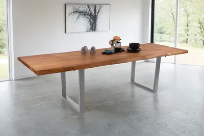 Produktbild von Esstisch mit Ansteckplatten 200(300)x100 cm Baumkante Akazie natur U-Gestell silber CALI