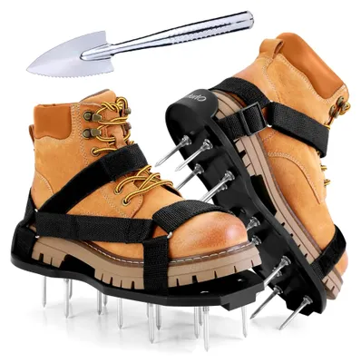 Produktbild von Rasenlüfter Schuhe mit Klettverschluss, Vertikutierer und Schaufel für die Rasenbelüftung