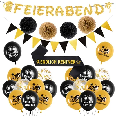 Produktbild von Rentenfeier-Dekorationsset – 53-teiliges Set in Schwarz und Gold zur Dekoration für Geburtstags- und Rentenfeiern