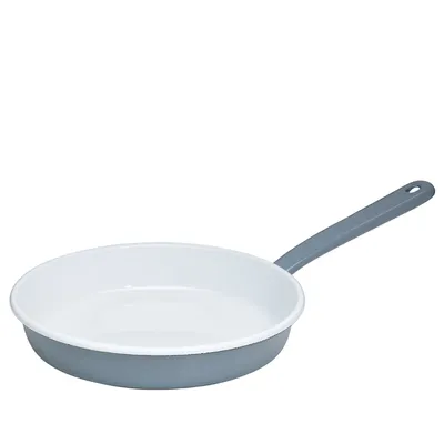 A frying pan with a gray handle and exterior, and a white interior, is shown against a white background.