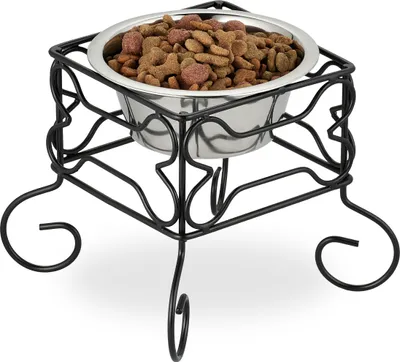 Image de Gamelle pour chien Relaxdays, support surélevé, capacité 700 ml, H x L x P : 19 x 22 x 22 cm, fer et acier inoxydable, noir/argent
