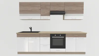 Produktbild von Küchenzeile 270 cm - ECONO A PLUS - Sonoma Eiche - Weiß Hochglanz - Ohne Arbeitsplatte - Einbauküche mit Soft-Close - Metallbox Schubladen