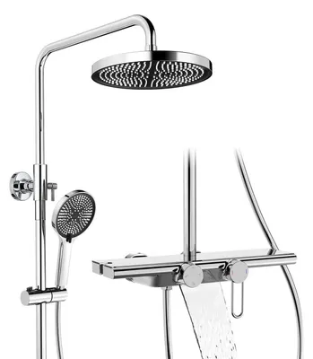 Produktbild von Duschsystem mit Armatur und Glasablage Chrom, 5 Strahlarten, Regendusche, Handbrause, Unterauslauf