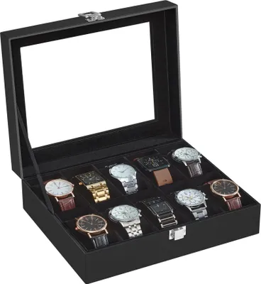 Produktbild von Uhrenbox mit 10 Fächern, Uhrenkasten, Glasdeckel, herausnehmbare Uhrenkissen