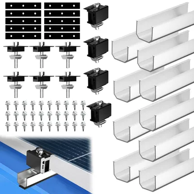 Immagine prodotto di Supporto per moduli solari per 4 moduli – Sistema di montaggio fotovoltaico con guida in alluminio da 12 cm e morsetti neri per 30-40 mm, tetto piano e lamiera grecata