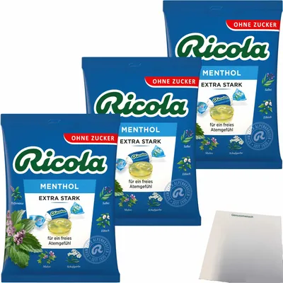Produktbild von Ricola EXTRA STARK Menthol Aktiv-Frei ohne Zucker 3er Pack (3x75g Packung) + usy Block