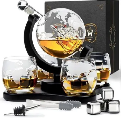 Produktbild von Weltkugel Whiskey Karaffe 900ml mit 4 Gläsern und Steinen Geschenk