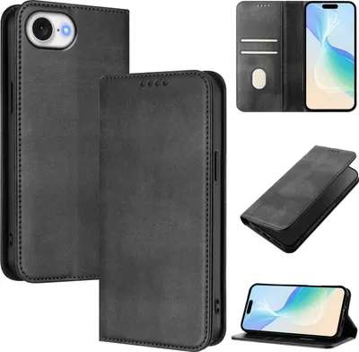 Image de Étui pour iPhone 16e/iPhone 17e, étui en cuir vintage avec protection RFID, compartiments pour cartes et support, noir