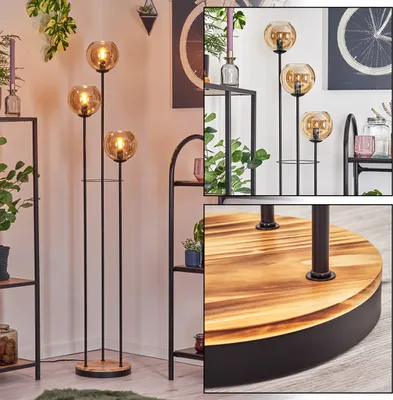 Produktbild von Cesaro Stehlampe aus Metall/Holz/Glas in Schwarz/Hellbraun/Bernsteinfarben