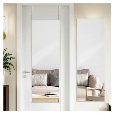 Produktbild von Über die Tür hängender Spiegel 127x41 cm mit Aufhänger, Rahmen aus weißer Aluminiumlegierung, Wandspiegel für Schlafzimmer, Bad und Schlafsaal
