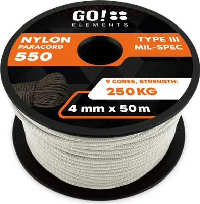 Produktbild von GO!elements 50m Paracord Seil aus reißfester Nylonschnur - 4mm Paracord 550 Typ III Schnur - geeignet als Allzweckseil & Reepschnur - Max. 250kg, Farbe: Weiß