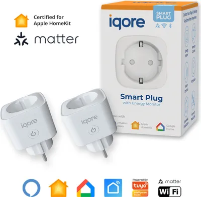 Produktbild von iqore - 2x Intelligente WLAN Steckdose für Apple Homekit / Matter mit Strommessung, Sprachsteuerung, Timer, SmartLife App, Smart Plug, Alexa & Google