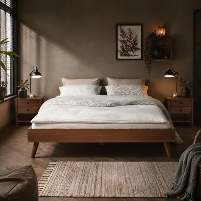 Produktbild von Futonbett Karri 140x200 aus Massivholz, Kastanien farben - Robustes Doppelbett mit konischen Beinen, moderner Holz Bettrahmen, Mittelsteg mit Stützfüßen