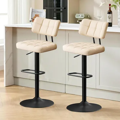 Immagine prodotto di Set di 2 sgabelli da bar, regolabili in altezza, rivestiti in ecopelle, girevoli a 360°, con schienale e poggiapiedi, color beige