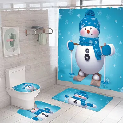 Image de (Un bonhomme de neige) Rideau de douche de Noël, set de 4 pièces avec tapis antidérapant, housse de toilette et tapis de bain, rideau de douche de Noël