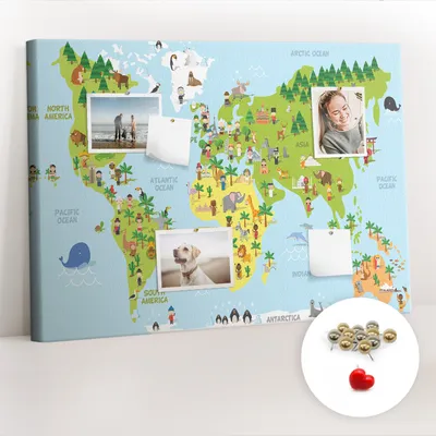 Obrázek produktu pro Korková nástěnka s kolíčky - Tabule s kolíky pro fotografie a poznámky - 100x70 cm - Připínáčky kovové 100 kusů - Kulturní mapa světa