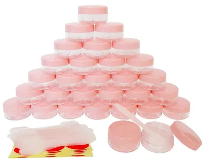 Zdjęcie produktu dla Zestaw 30 przezroczystych pojemniczków do próbek kosmetyków, pojemność 10 ml, z różowymi nakrętkami