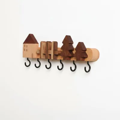Schlüsselbrett aus Holz, 6 Haken, modern, Buchen- und Walnussholz