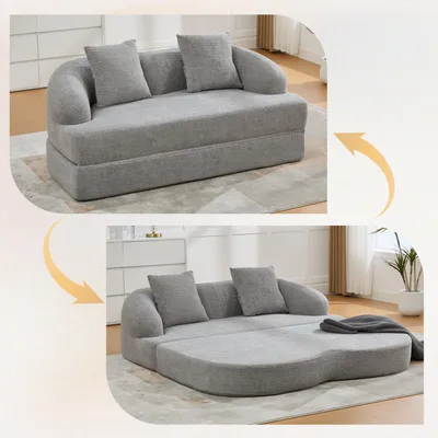 Produktbild von 2-in-1 Klappsofa Zweisitzer Chenille ausklappbar 2 Kissen 157x84x65 cm hellgrau