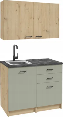 A kitchen cabinet set with a sink and faucet, and a set of upper cabinets.