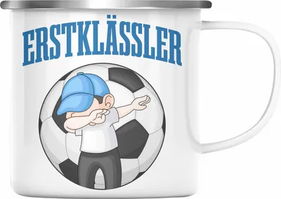 Produktbild von Trendation - Einschulung Junge Geschenk für Schultüte Füllung Emaille Tasse Schulstart 1. Schultag Schuleinführung Schulanfang Geschenkidee Schulkind Jungs Fussball (Silber)
