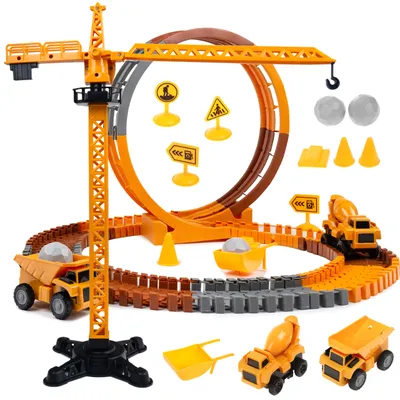 Produktbild von Flexible Rennbahn mit Baustellen-Set – 80 Teile, Elektroauto, Kran & Zubehör, pädagogisches Spielzeug