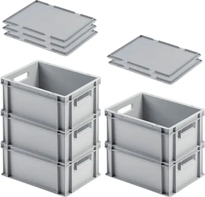 Produktbild von SuperSparSet 5x Eurobehälter mit offenem Griff & Auflagedeckel | HxBxT 17,5x30x40cm | 16 Liter | Grau | Eurobox, Transportbox, Transportbehälter, Stapelbehälter