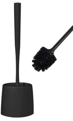 A black toilet brush and holder set is shown against a white background. A close-up of the brush head is also visible.