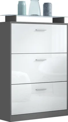 Produktbild von Vladon Schuhschrank Lavia, Schuhkipper für 24 Paar Schuhe mit 3 Klappen und Glasablage, Anthrazit matt/Weiß Hochglanz (89 x 128 x 23 cm)